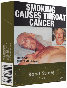 Cigarette package with drab green color and graphic warning "smoking causes throat cancer."